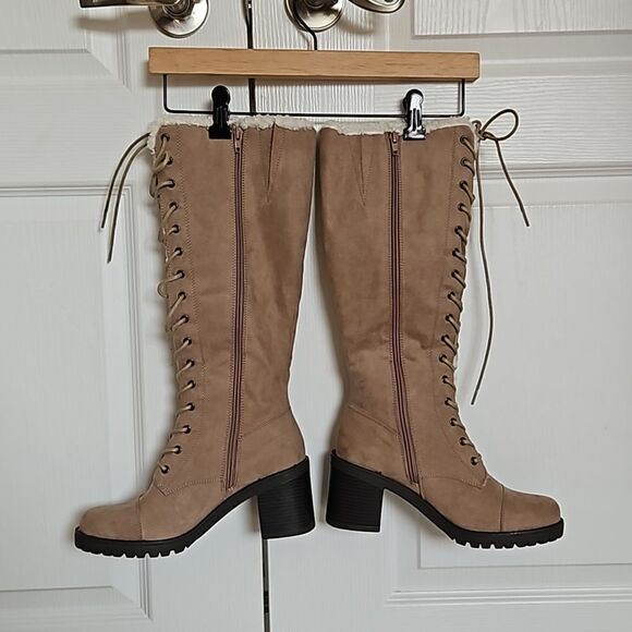 Just Fab Asher Sherpa-Lined Lace-Up Heel Boots Taupe 8.5 - Picture 2 of 16